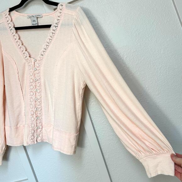 American Rag Waffle Knit Button Up Lace Top Balloon Sleeve Y2K Style Shirt Sz: L - Picture 2 of 7